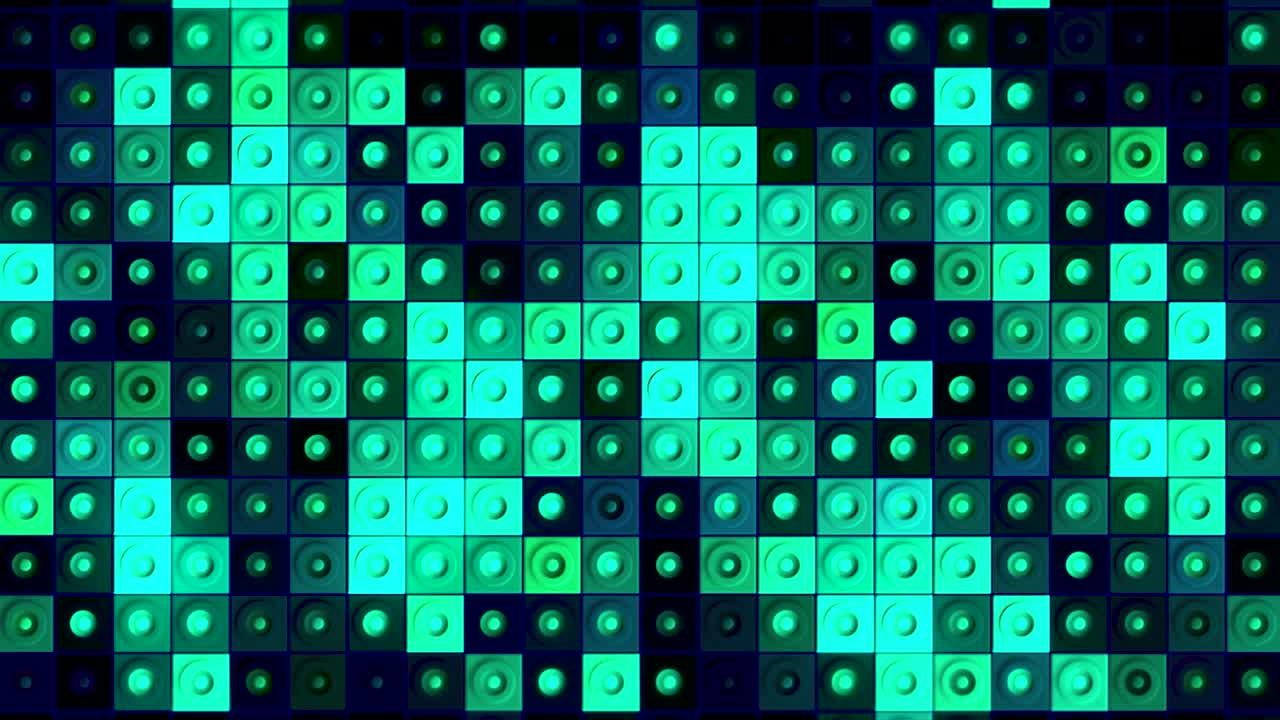 Audio equalizer on dark background, beating rings. seamless loop. Motion. Music or sound equalizer in blinking circles inside rows of squares