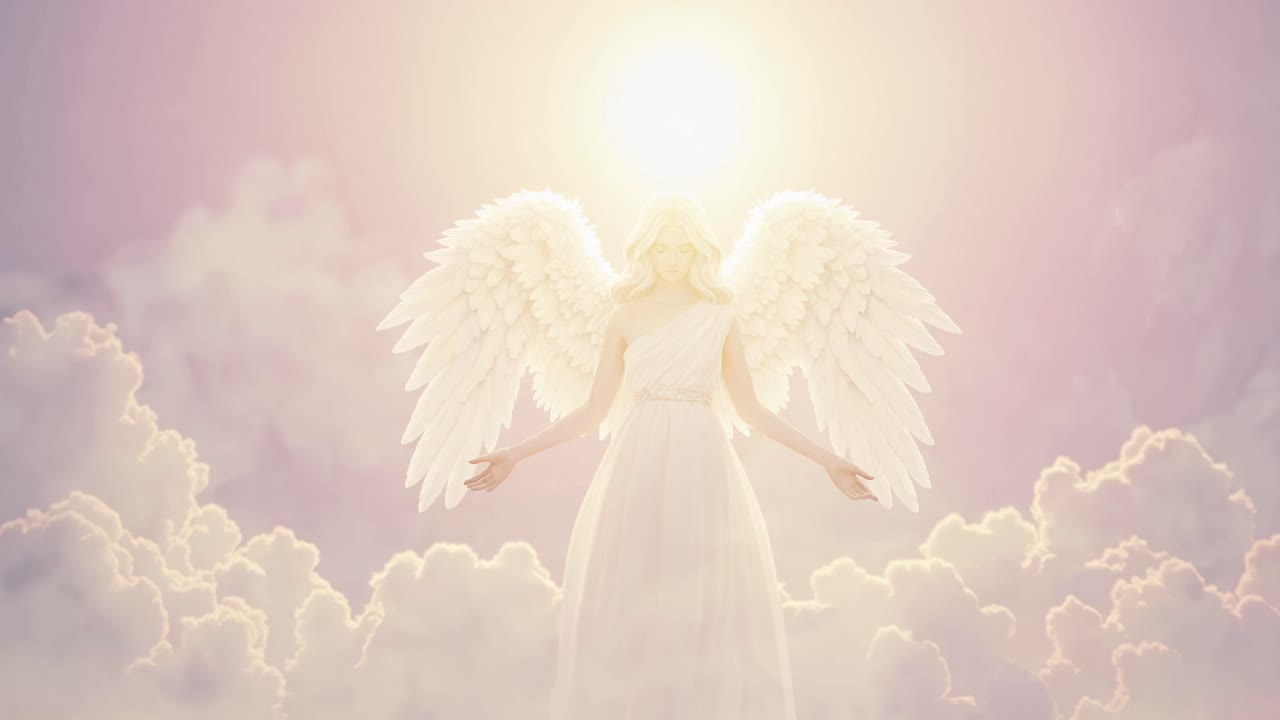 The video captures a serene, ethereal scene of an angelic figure amidst clouds, bathed in soft