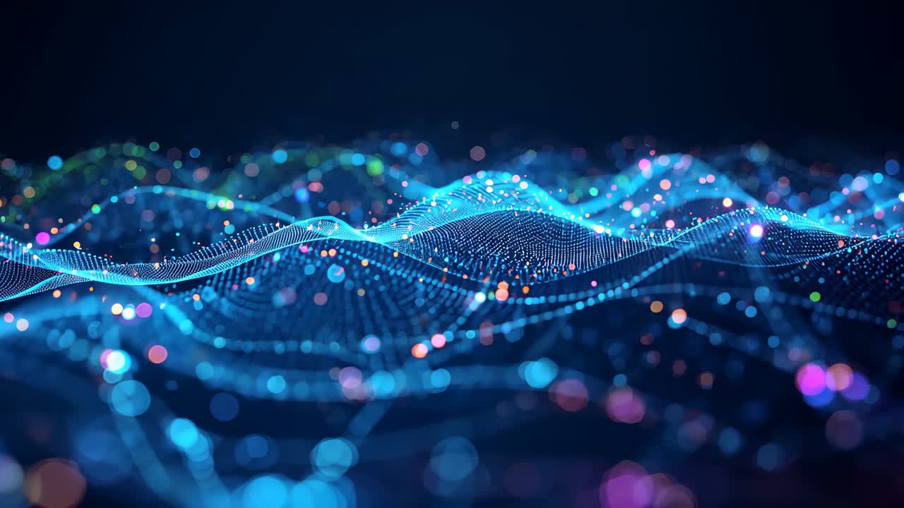 Emerging neon-blue mesh wave undulating across navy space, showing data flow through pulsing nodes