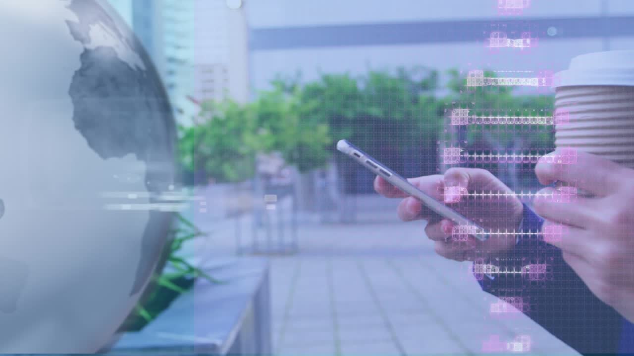 Animation of globe and data processing over woman in smartphone