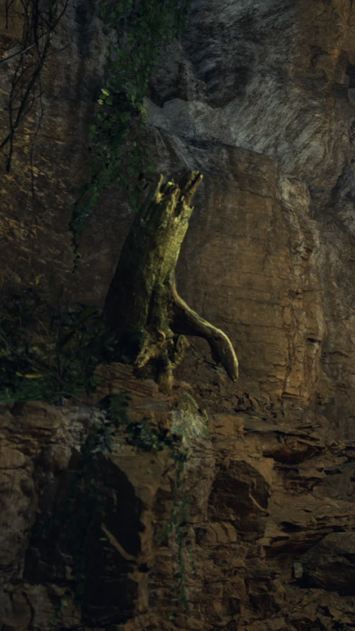 Grotta con un tronco d'albero stagionato e pareti rocciose in un'ambientazione a luce soffusa