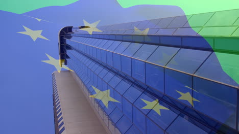 animación de la bandera de la unión europea sobre los edificios de oficinas