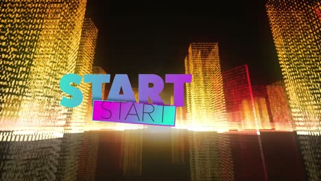 animation of glitch effect over start text banner against 3d building models in seamless pattern