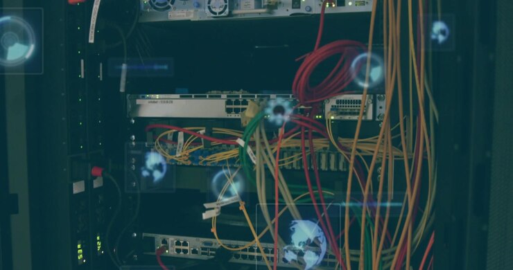 Animation of globe with network of connections and data processing over clocks