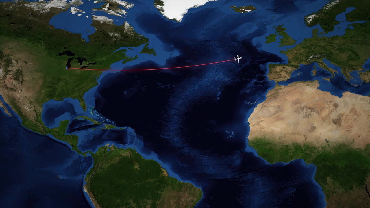 Animated red line tracks airplane flight path from Chicago to Amsterdam on satellite map