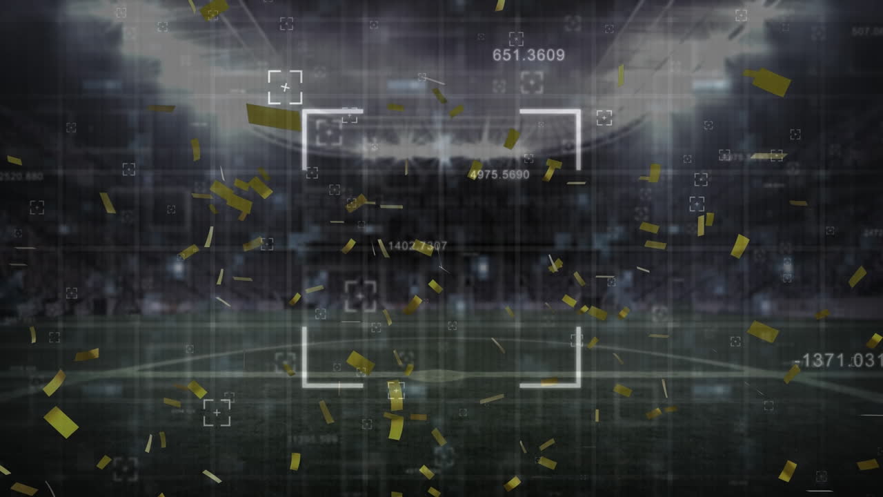 스포츠 경기장 에 떨어지는 스 ⁇  스캐닝 과 금색 콘페티 의 애니메이션
