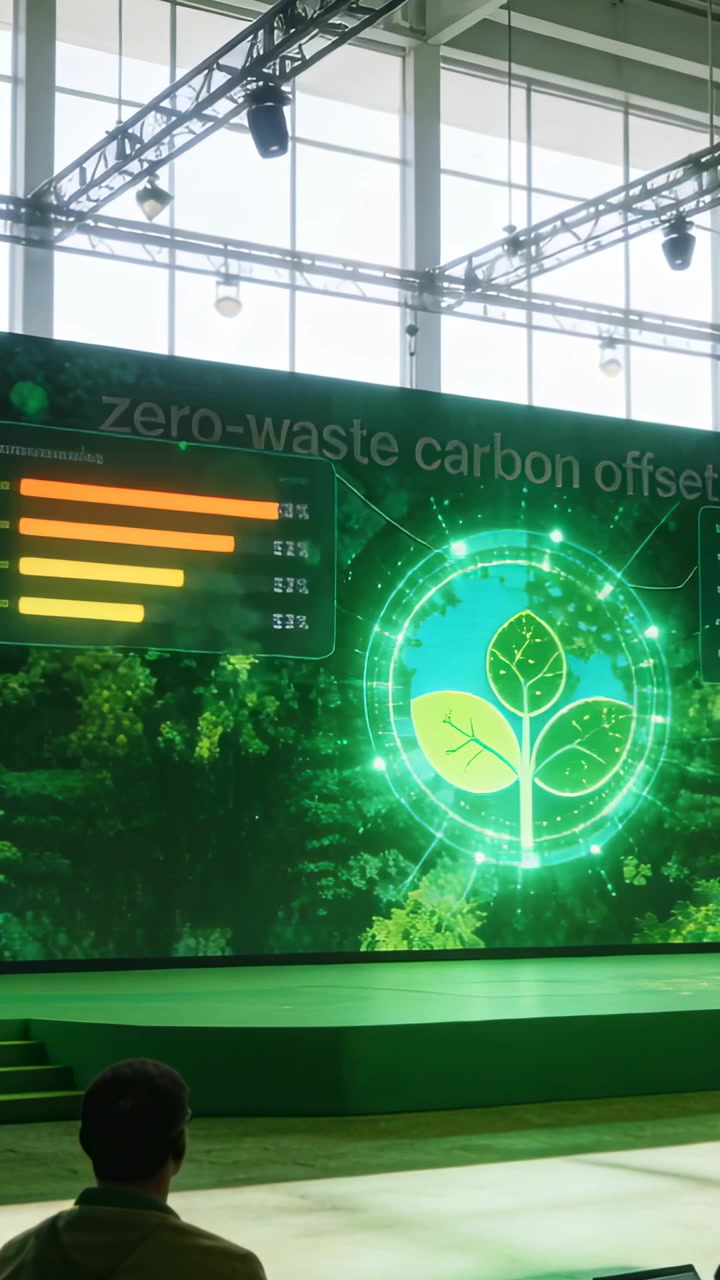 Vertical video: Animating LED panel after slide, plant growing into target on carbon offset at expo