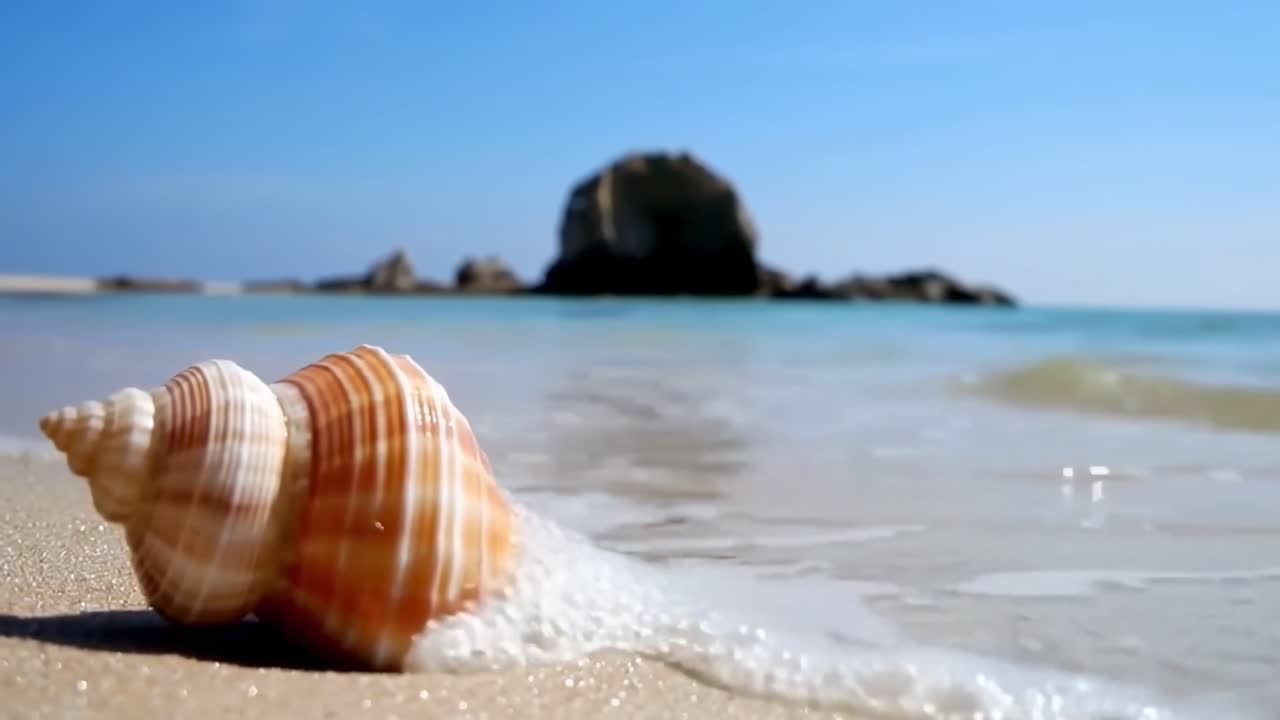 Low-angle video of a seashell on a sandy beach with ocean waves and a distant rock