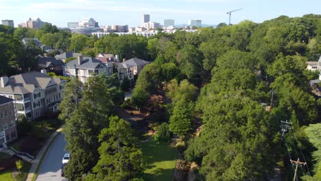 a drone shot shows off a green space with downtown greenville south carolina in the distance