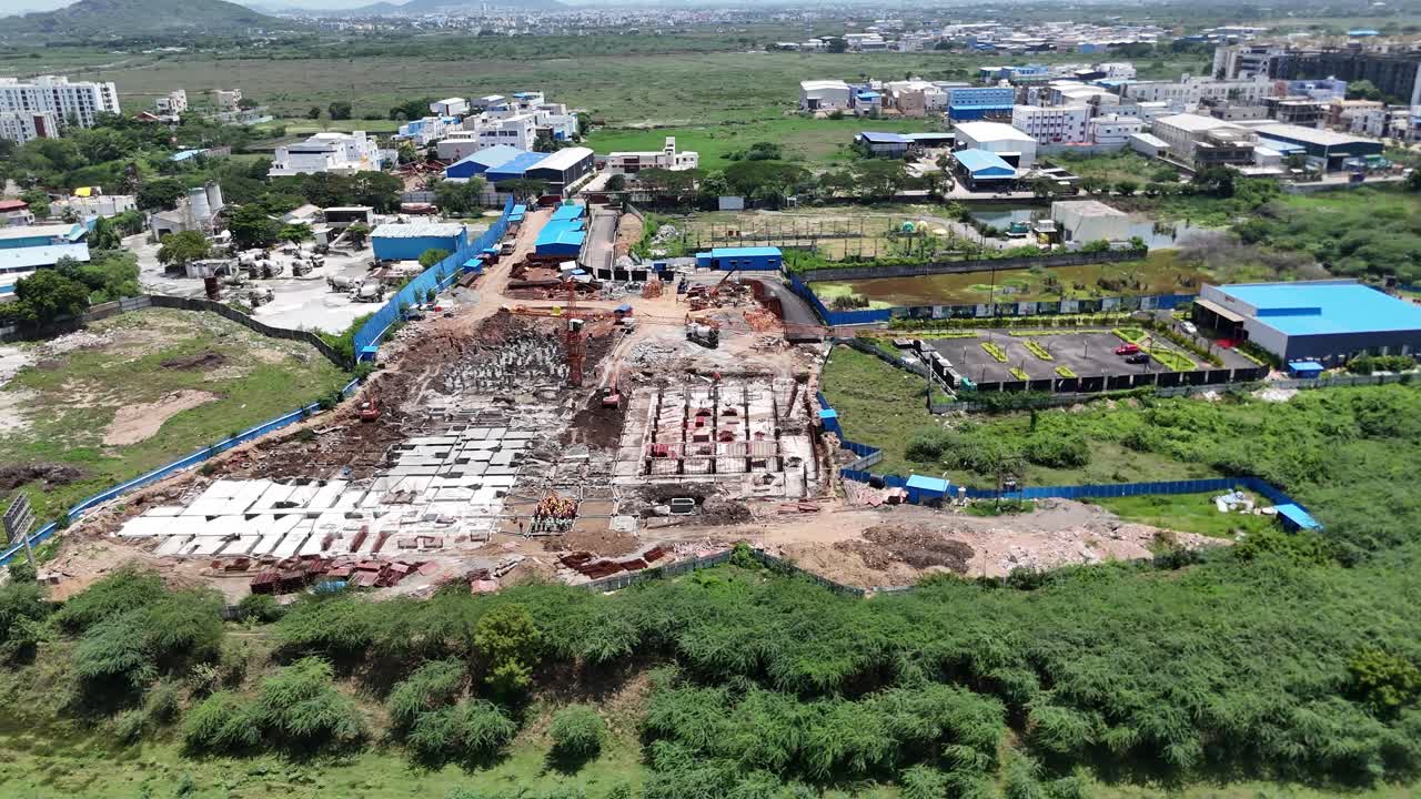 Detailed aerial footage of construction materials arranged on-site