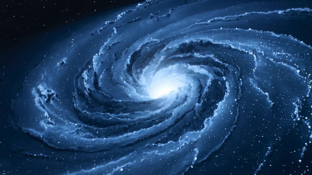 Galassia blu rotante nello spazio che si avvolge mentre la telecamera si avvicina, mostrando un nucleo luminoso e satelliti.