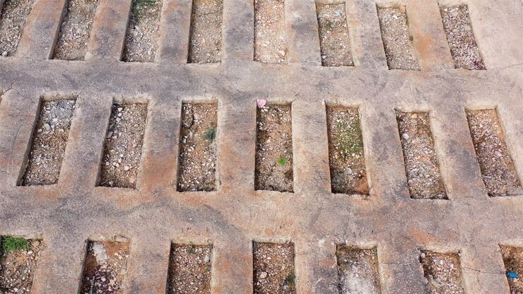 Aerial footage over Empty Burial plots at Jewish Cemetery, Jerusalem Israel