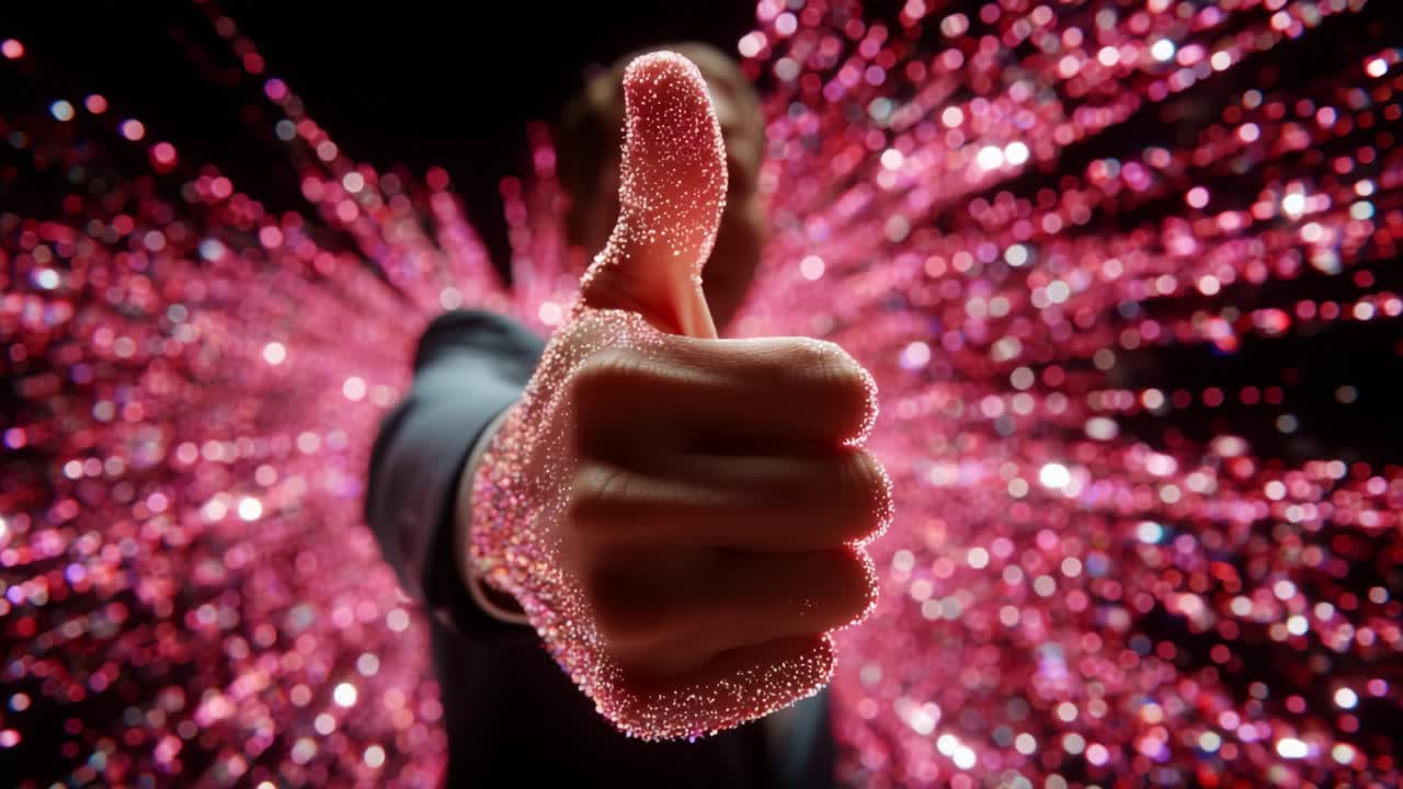 A Glimmering Gesture of Approval: A Sparkling Hand with a Thumbs Up Sign Surrounded by a Dazzling Burst of Colorful Shimmering Effects Creating a Vibrant Visual Experience of Positivity and Joy