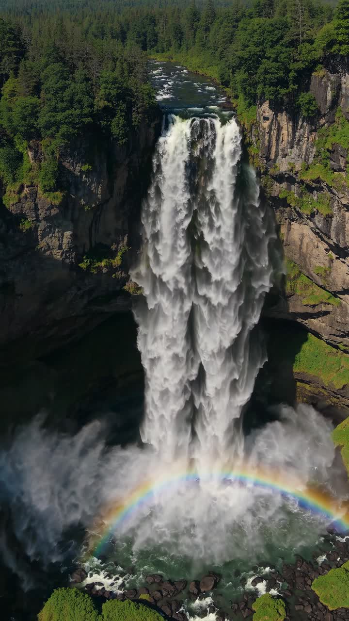 Aerial video captures a majestic waterfall cascading into a misty pool, with a vibrant rainbow