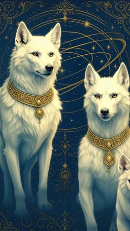 a mystical video concept featuring two white wolves adorned with gold jewelry, set
