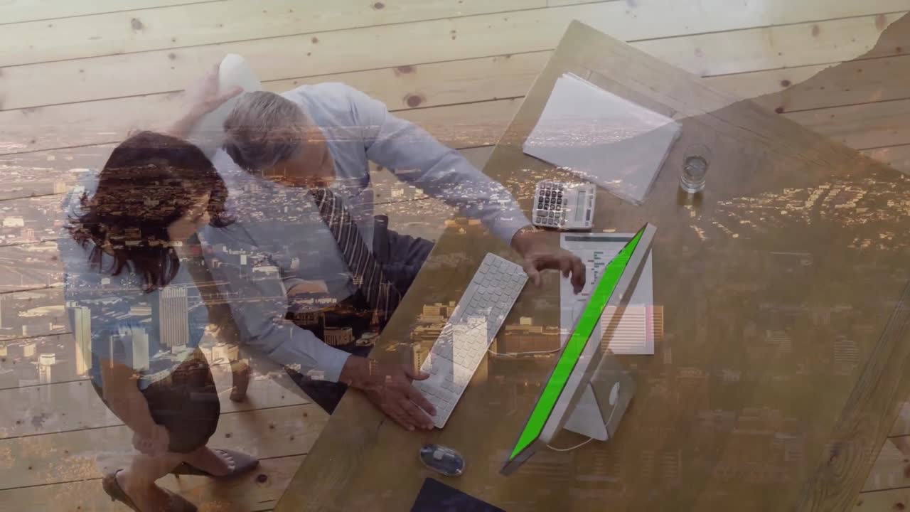 사무실에 있는 다양한 사업가들에 대한 도시 풍경의 애니메이션