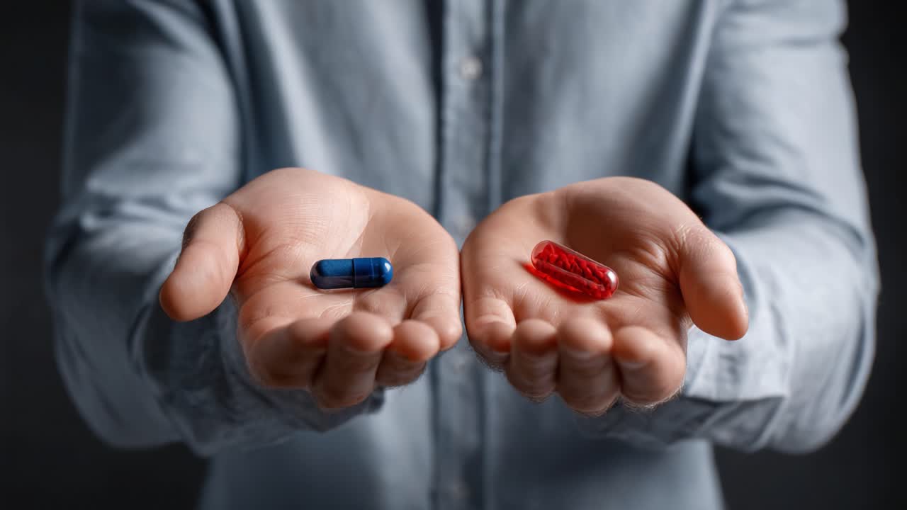 A Thoughtful Choice: A Person Contemplates Between a Blue Pill and a Red Pill, Representing a Significant Decision at a Crossroads of Perspectives