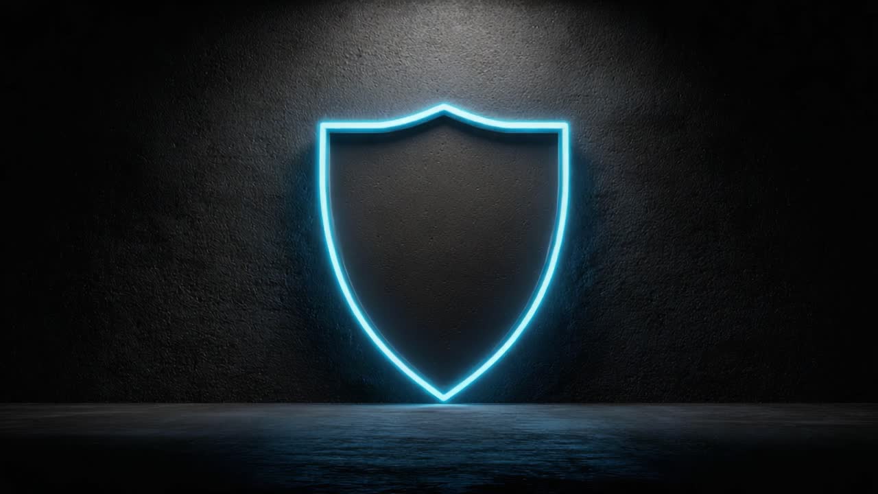 Illuminated Shield Concept: A Captivating Neon Blue Emblem Set Against a Dark Backdrop, Symbolizing Protection and Security in a Modern Digital Age