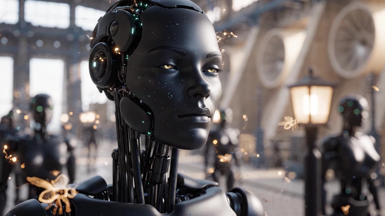 Un essere robotico futuristico in piedi tra gli altri, che mostra tecnologia avanzata e caratteristiche realistiche, con occhi luminosi che trasmettono intelletto e consapevolezza in un ambiente ad alta tecnologia.