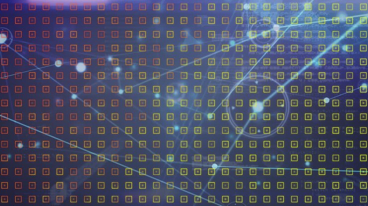 Animation of network of connections with icons over pattern and data processing