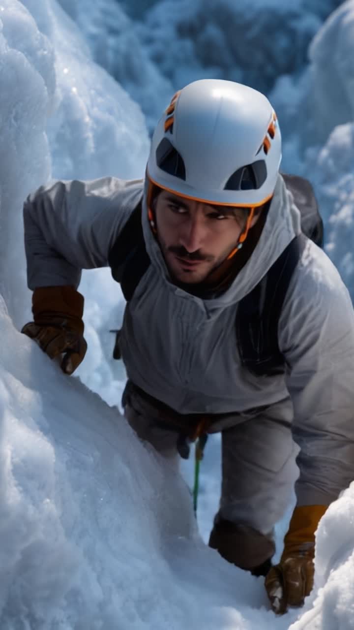 Un alpinista determinato che affronta impegnative formazioni di ghiaccio con concentrazione e abilità, mostrando l'intensità e la bellezza dell'arrampicata su ghiaccio in un ambiente aspro.