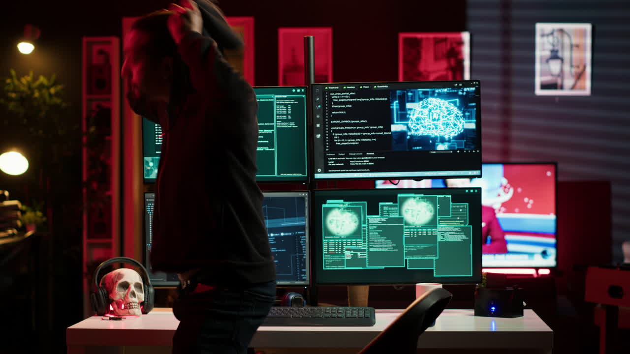 en el escondite corriendo después de la guarida criminal es encontrado por el hacker de la policía