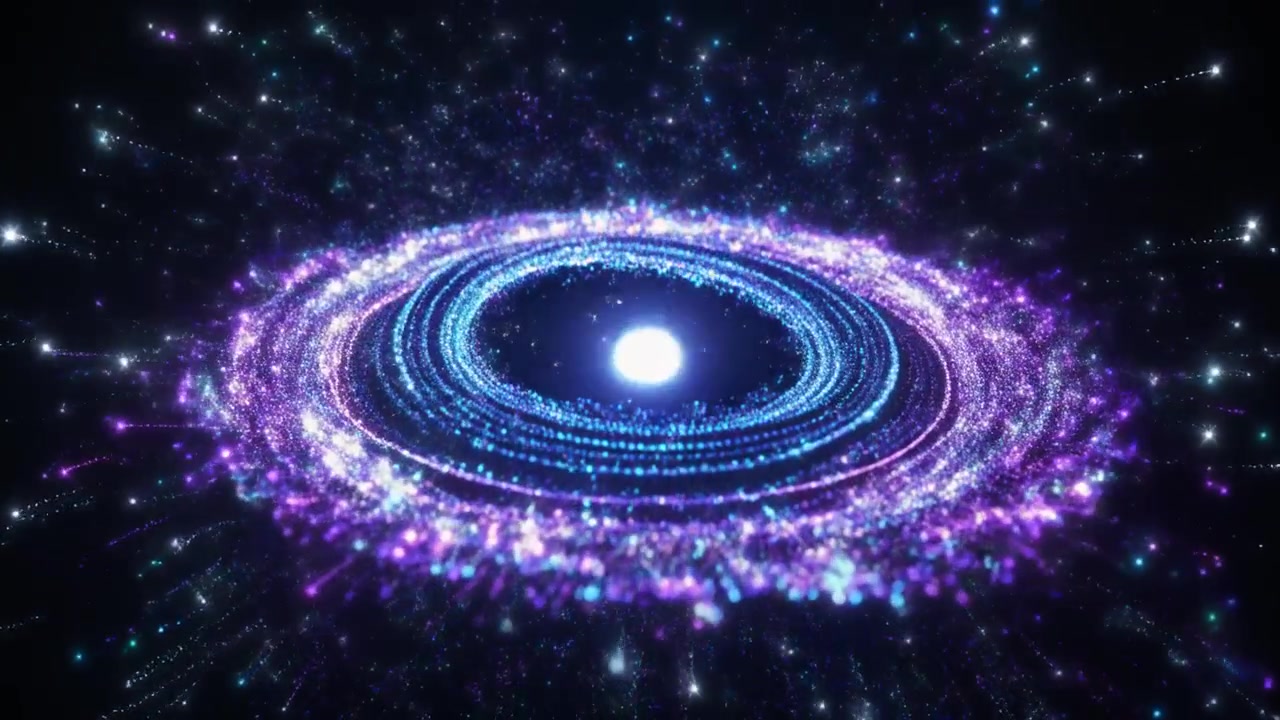 Abstract Glowing Particle Explosion Forming a Rotating Cosmic Ring