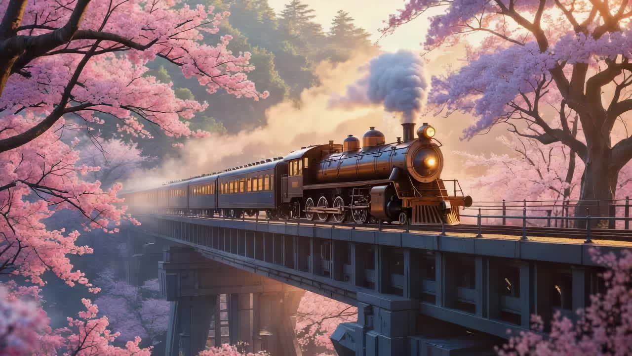 Vintage Steam Train Crossing a Bridge Amidst Cherry Blossoms