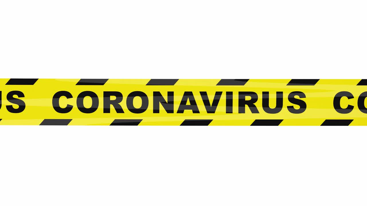 Yellow warning tape rolling across the screen from different directions with the word Coronavirus. With mask. 3d render.
