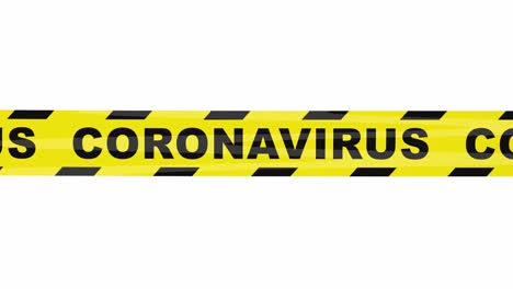 yellow warning tape rolling across the screen from different directions with the word coronavirus. with mask. 3d render.