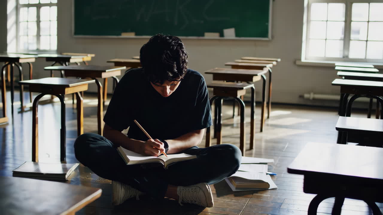 Student Studying in Empty Classroom