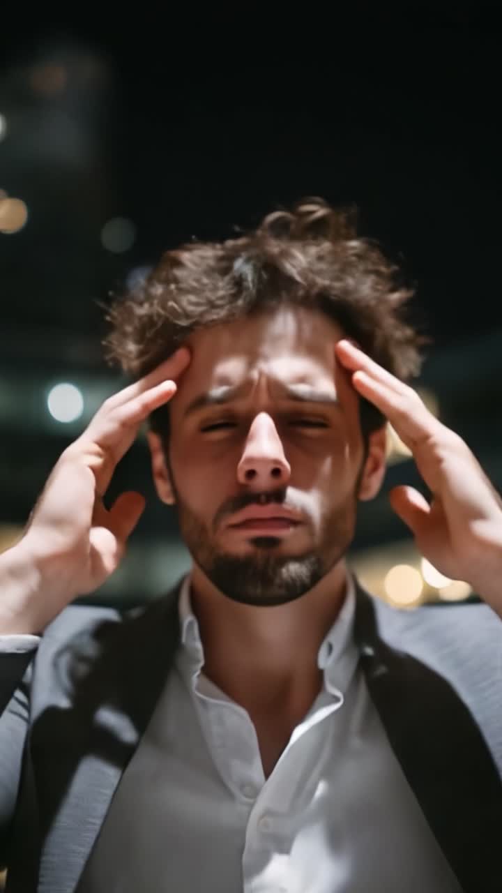 Struggling with Overwhelm: A Man's Emotional Journey Through Anxiety and Stress in a Dimly Lit Urban Environment