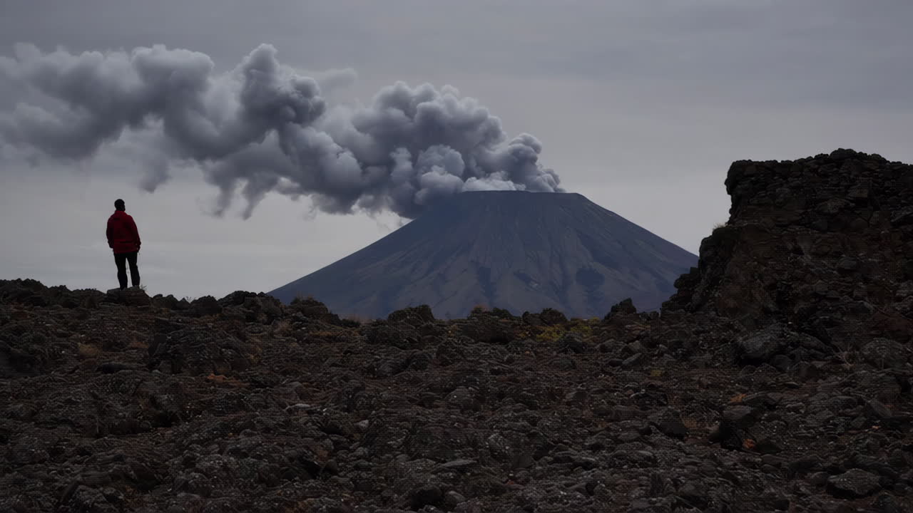 Person Observing a Volcanic Eruption