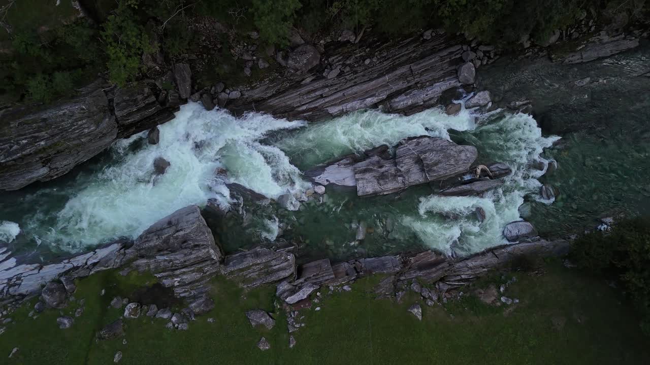 Swiss Verzasca river valley Switzerland nature cold mountain stream, aerial top down view