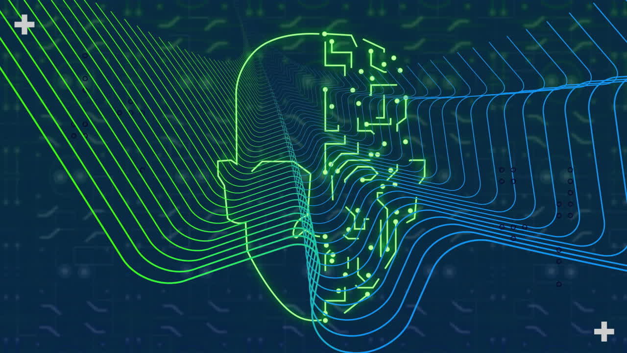 Animation of circuit board head and network of connections over blue background