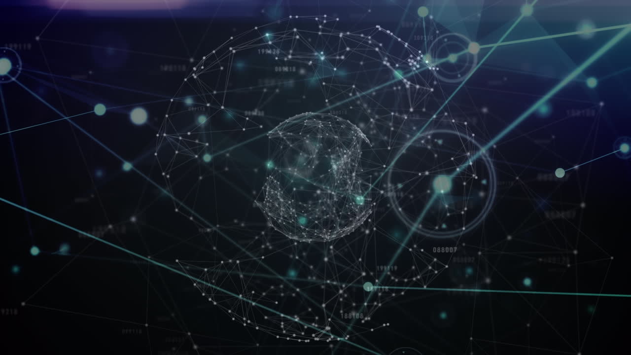 파란색 배경에 아이콘과 데이터 처리를 가진 연결 네트워크의 애니메이션