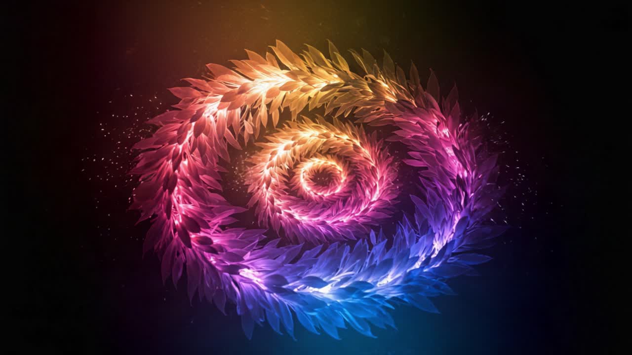 A mesmerizing spiral of colorful leaves and shimmering particles intertwine in a stunning display of dynamic motion and artistic design, captivating viewers with its vibrant aesthetic