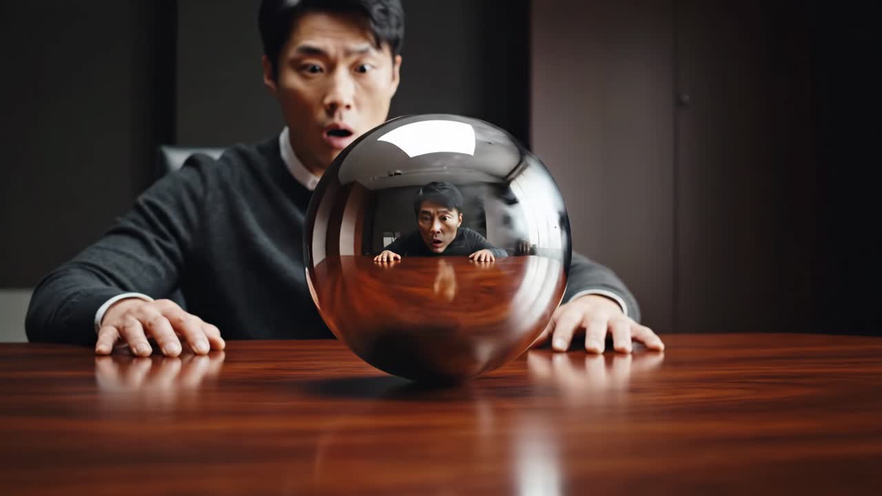 Man gazing at his reflection in a sphere on a table
