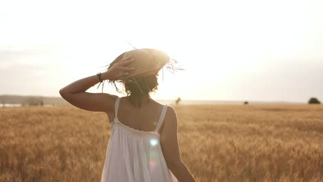 Happy,-slender-girl-in-straw-hat-and-summer-white-dress-happily-running-in-clear-wheat-field.-Sun-shines-on-the-background.-Backside-view