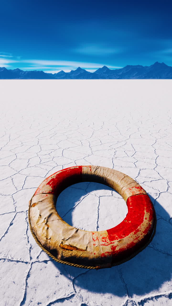un salvavidas yace en un suelo de desierto blanco agrietado con montañas en el fondo