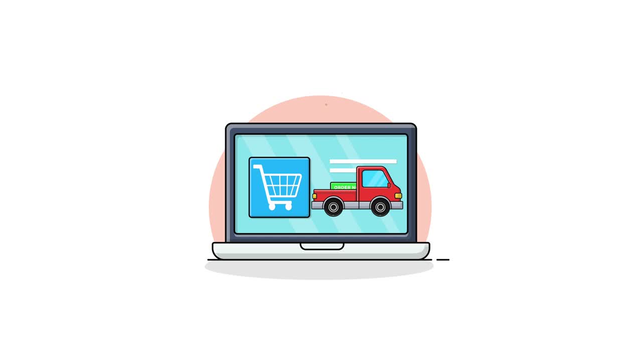 Animazione di shopping online e consegna prodotti su laptop