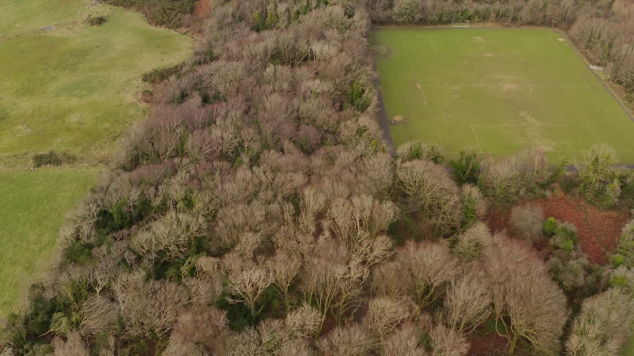 Aerial overview of storm affected countryside with uprooted trees and scattered debris, Barna Woods, Galway Ireland