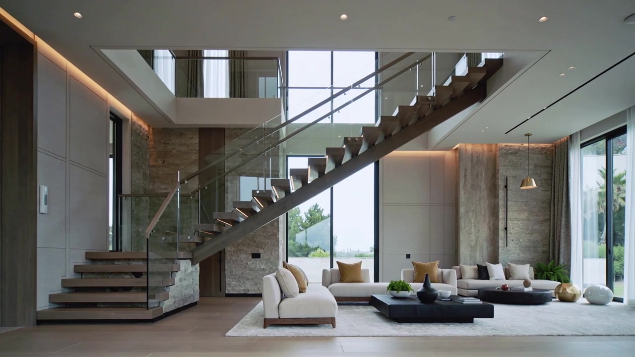 Cámara deslizándose revelando una escalera flotante, barandilla de cristal y sofá en la sala de estar, mostrando el diseño.