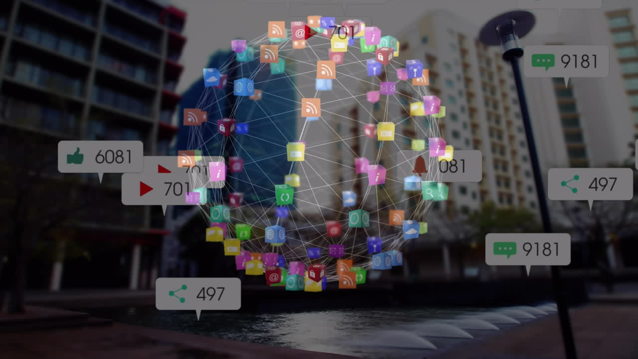 소셜 미디어 아이콘의 애니메이션과 도시 풍경에 대한 연결의 세계