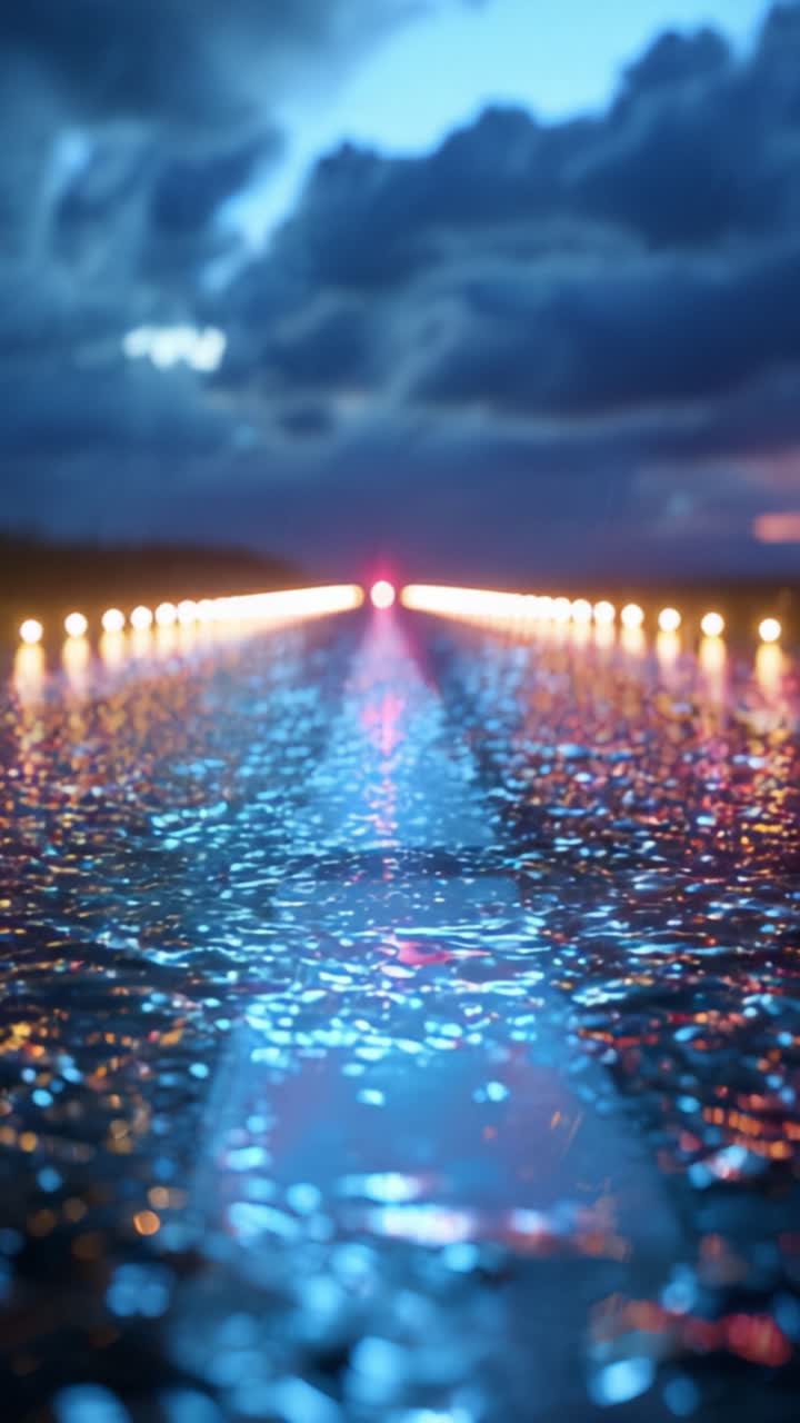 Una scena suggestiva di riflessi stradali bagnati dalla pioggia sotto un cielo drammatico con luci colorate e un senso di profondità che esalta l'atmosfera.