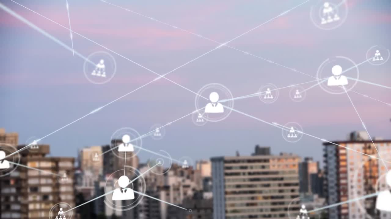 animación de la red de conexiones con iconos sobre el paisaje urbano