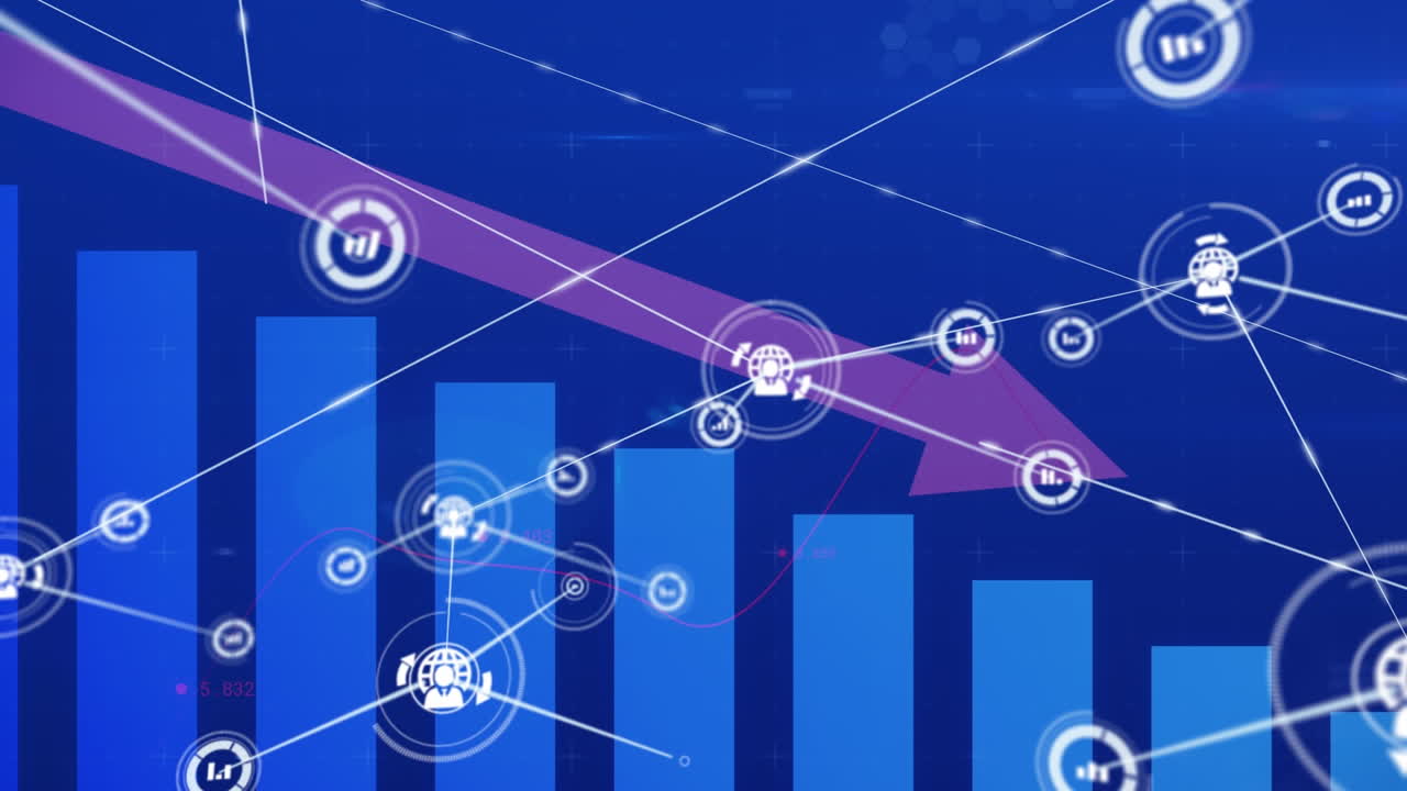 animación de la red de iconos digitales y procesamiento de datos estadísticos contra un fondo azul
