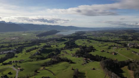 establish shot aerial green field nature over village houses switzerland