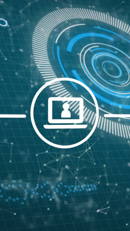 animation of icons with network of connections, scope scanning and data processing