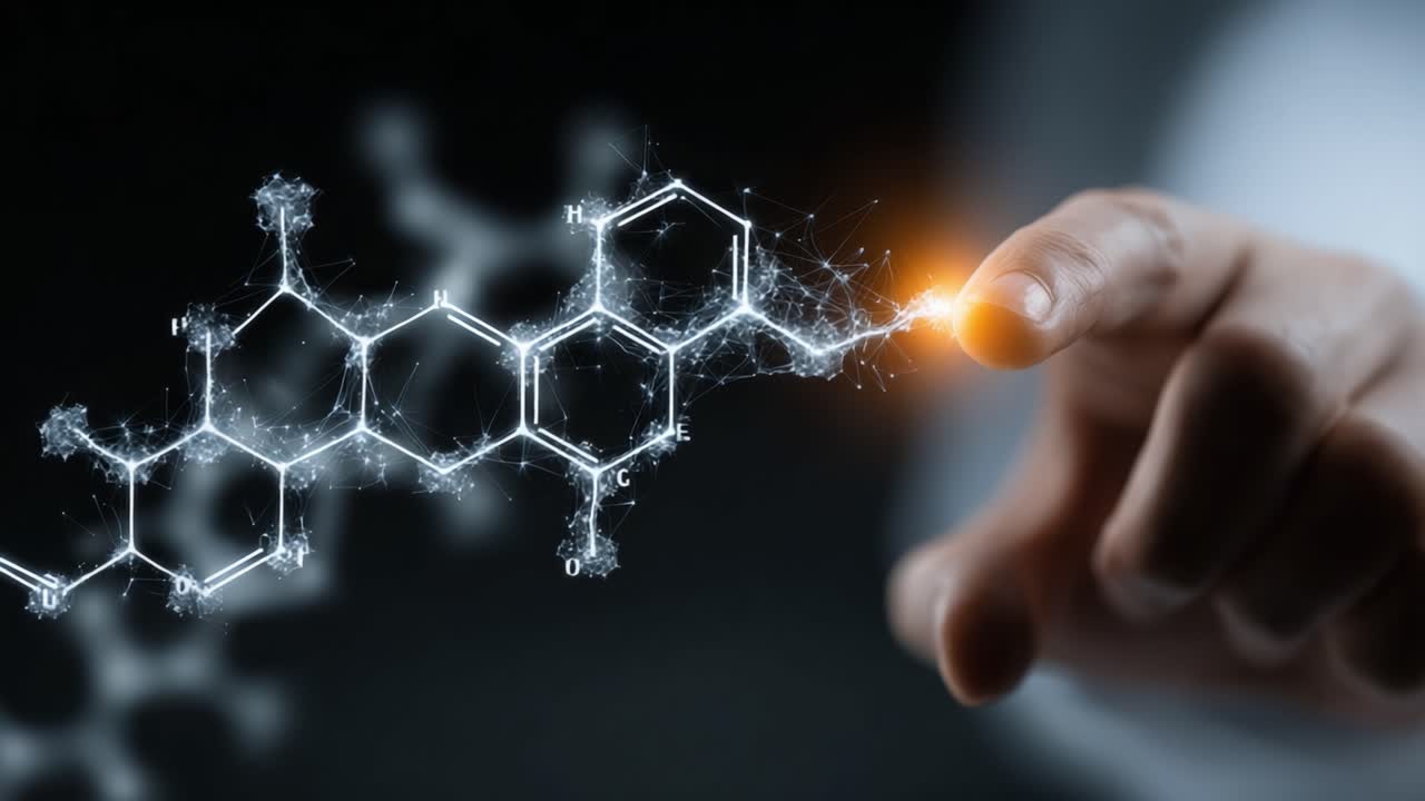 Exploring the Connection Between Science and Innovation: A Hand Gently Touches a Molecular Structure, Representing the Fusion of Technology and Chemistry